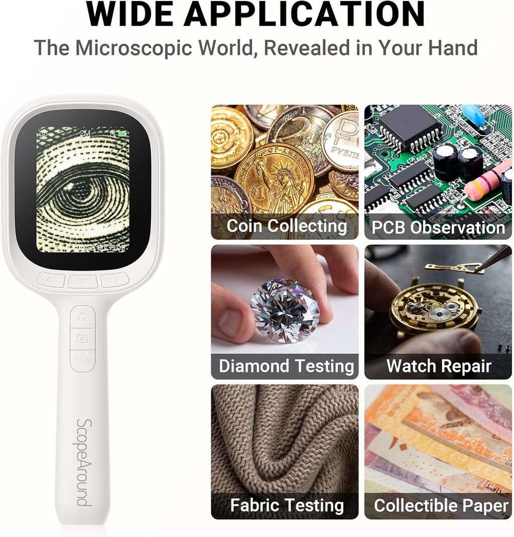 ScopeAround Digital Microscope, Autofocus Handheld Microscope, Magnifier with 2.8" IPS Screen and LEDs, Portable Magnifying Glass, Compatible with Mac/Windows