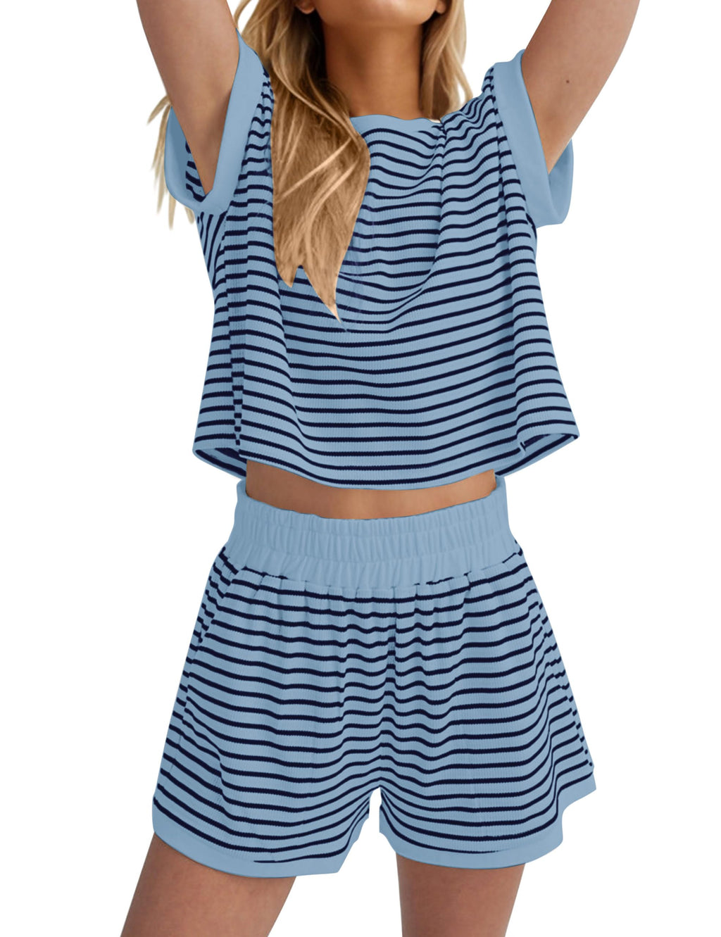 MISSACTIVER 2 Piece Lounge Set Women Stripe Knit Short Sleeve Tee Shirts Shorts Casual Summer Loungewear Shorts Sets