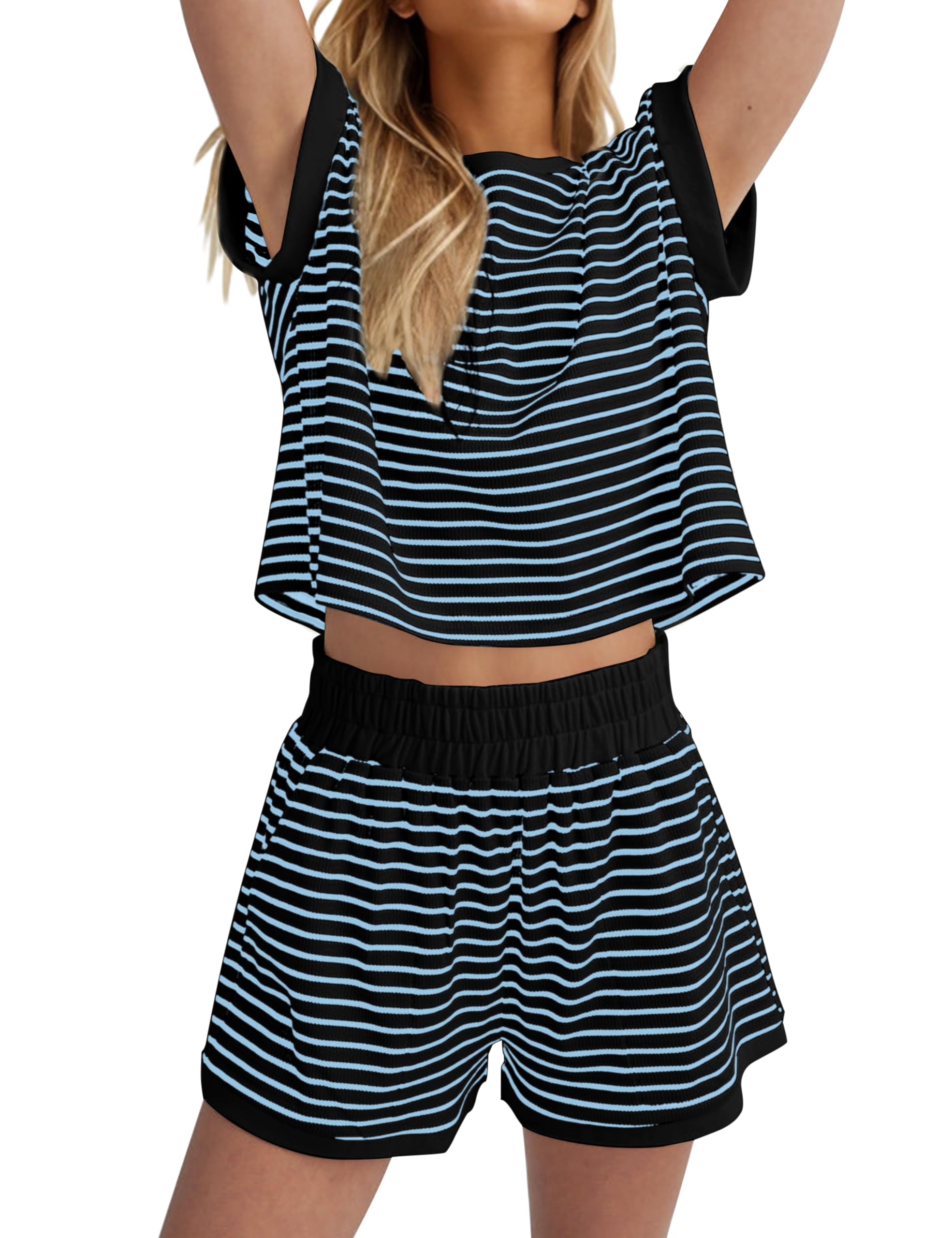 MISSACTIVER 2 Piece Lounge Set Women Stripe Knit Short Sleeve Tee Shirts Shorts Casual Summer Loungewear Shorts Sets