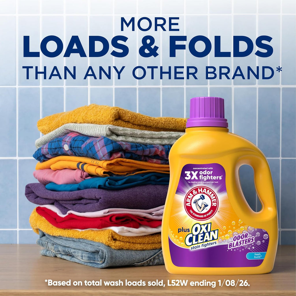 ARM & HAMMER Plus OxiClean with Odor Blasters Liquid Laundry Detergent, Laundry Odor Remover, Attacks Stains, Fresh Botanical Scent, 74 Loads, 96.2 Fl Oz