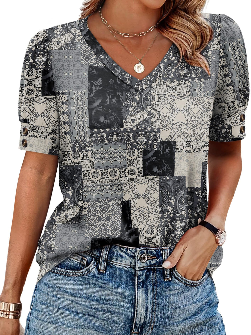 OFEEFAN Womens Tops Short Sleeve Shirts Buttons V Neck Spring Fashion Summer Outfits Plus Size Blouses Dressy Casual