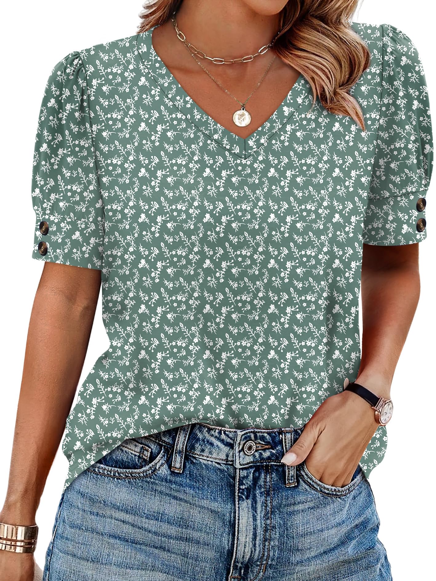 OFEEFAN Womens Tops Short Sleeve Shirts Buttons V Neck Spring Fashion Summer Outfits Plus Size Blouses Dressy Casual