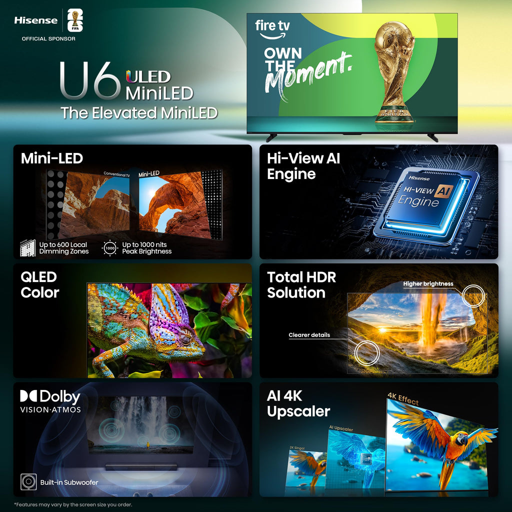 Hisense 55" Class U6 Series Mini-LED 4K UHD Smart Fire TV (55U65QF, 2025 Model) - QLED, Native 144Hz, HDR10+, Dolby Vision IQ, Dolby Atmos, Game Mode Pro, ALLM, Alexa Built in, Black